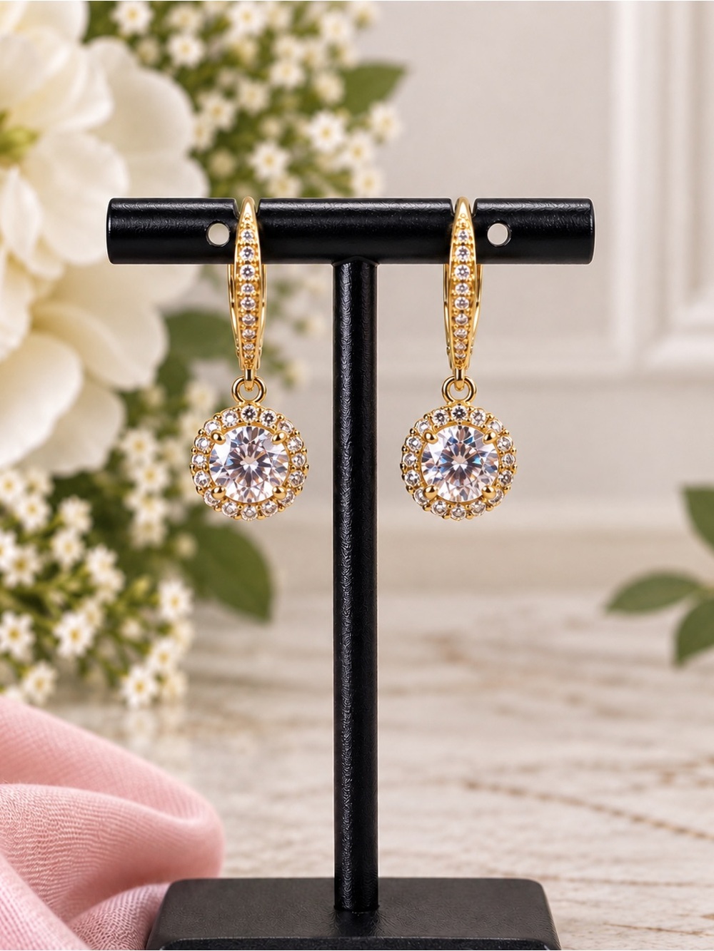 Nadri Framed Round CZ Halo Drop Earrings Gold Leverback